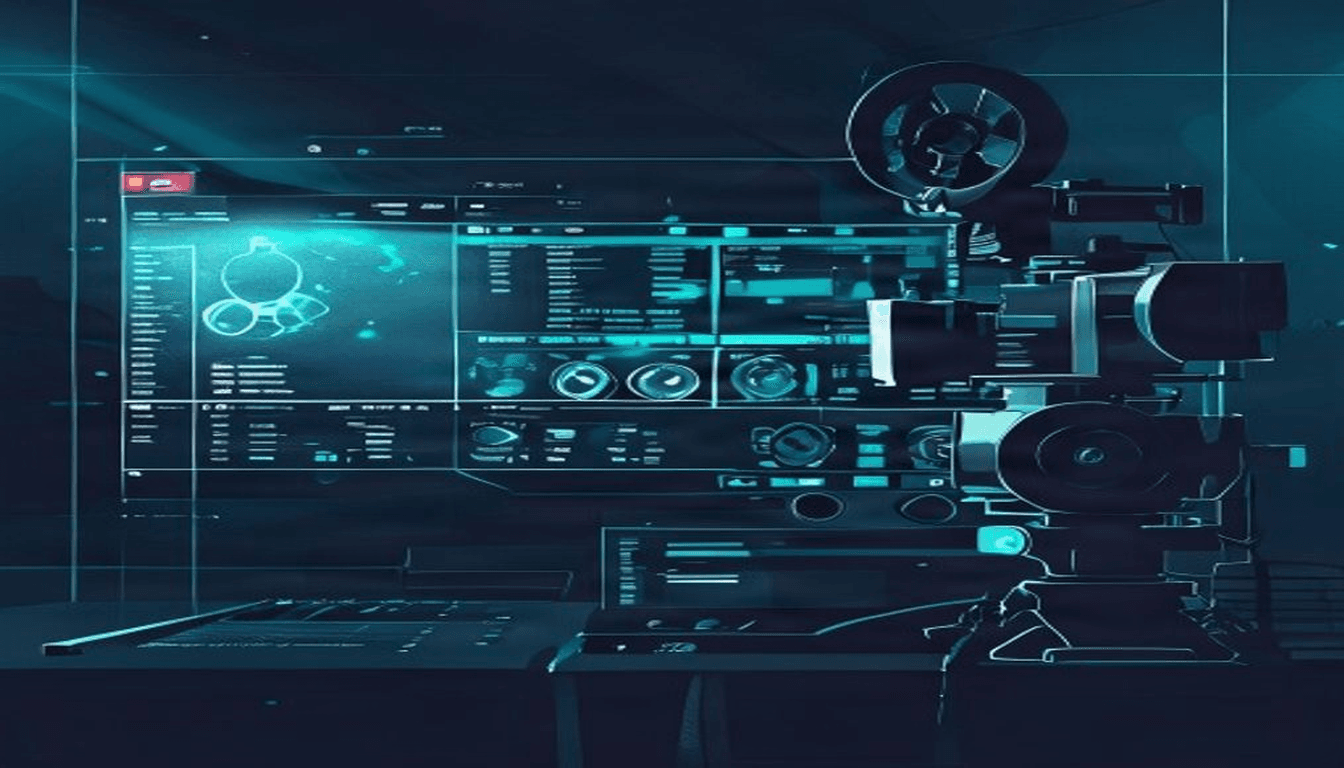 Ilustracion de postproduccion de video con inteligencia artificial, interfaz de edicion y correccion de color