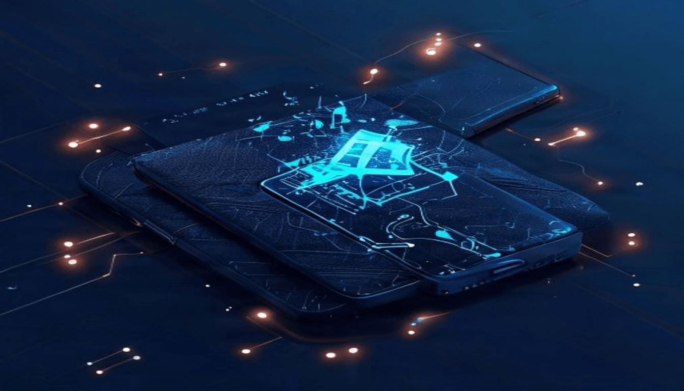 Ilustración editorial de un teléfono plegable de lujo con icono de un agente de IA agrietado, sobre fondo azul oscuro